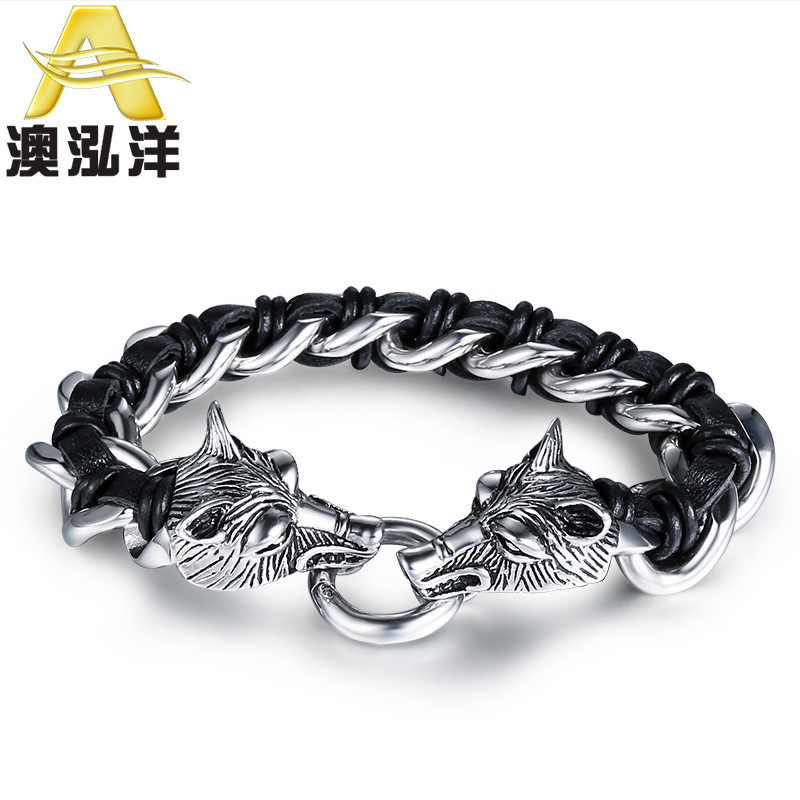 厂家热卖 欧美霸气宗教图腾双狼头手链 个性男士钛钢手链hl008