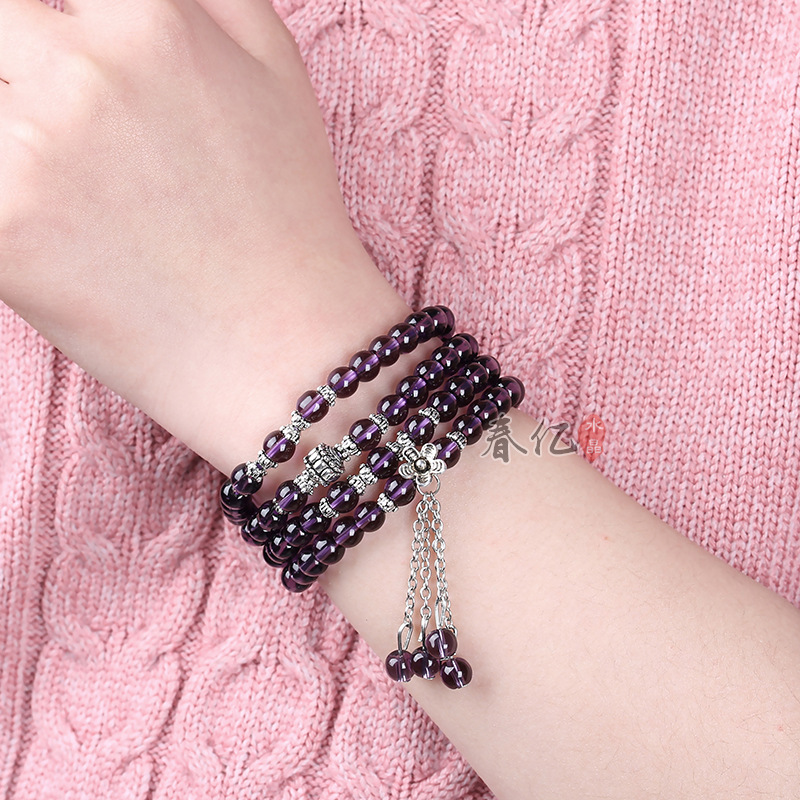 春亿 东海合成水晶diy饰品紫水晶四圈手链配饰925银小花配流苏