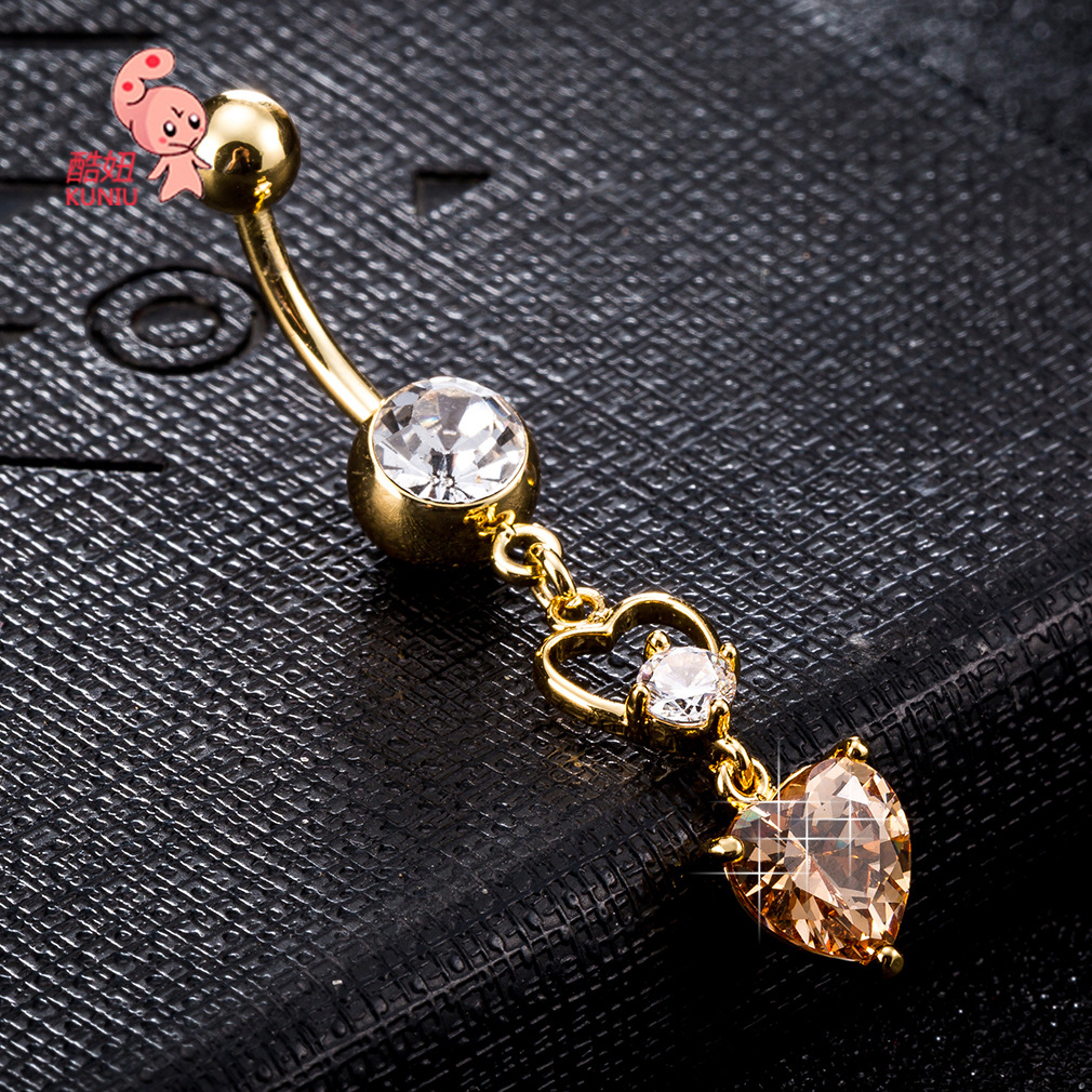 欧美时尚双爱心锆石肚脐环个性镂空心形肚脐钉防过敏不锈钢肚脐扣