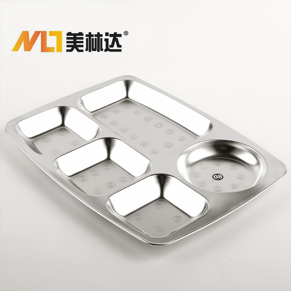 不锈钢大圆五格餐盘 方盘 外送饭盒 学生打饭盘食堂 酒店用品