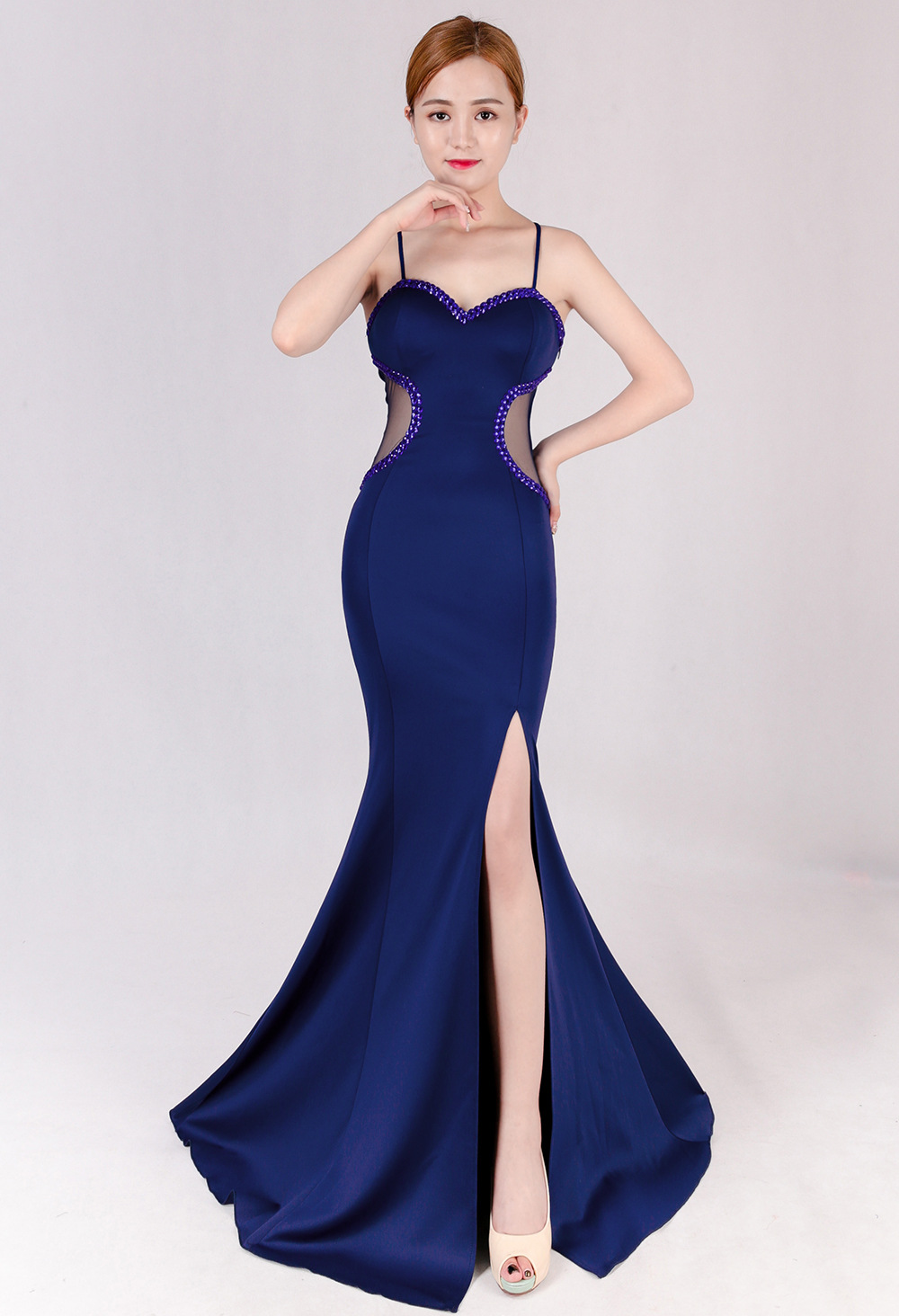 0808#低胸开叉吊带透视包臀鱼尾长裙演出走秀车展礼服夜店连衣裙