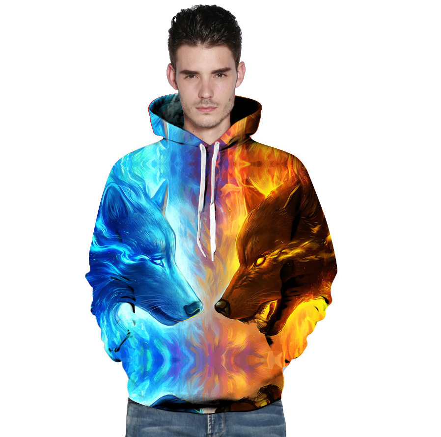 冰火狼数码印花带帽卫衣 女欧美情侣装大码上衣