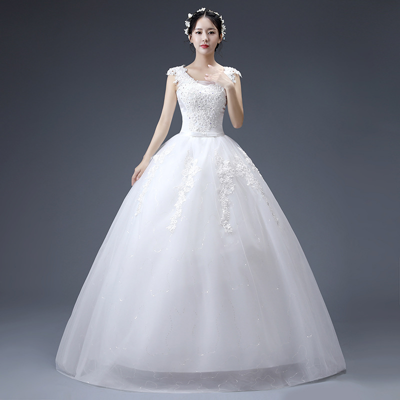 厂家直销2022春季新款新娘结婚婚纱双肩圆领白色礼服裙修身齐地款