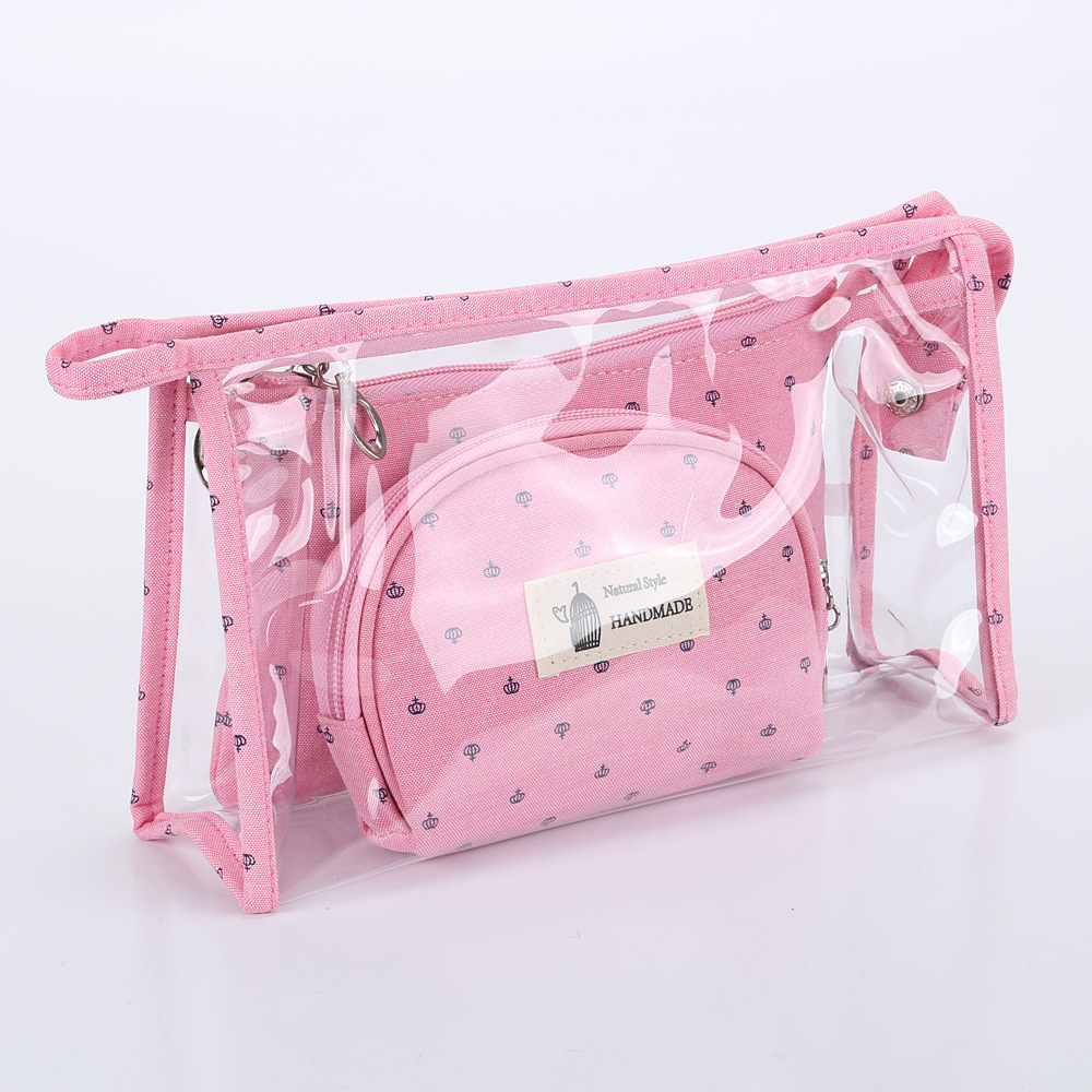 2023 Foreign Trade Hot Korean Cotton Three-Piece Bag Travel Washing and Makeup Bag Transparent Cosmetic Bag