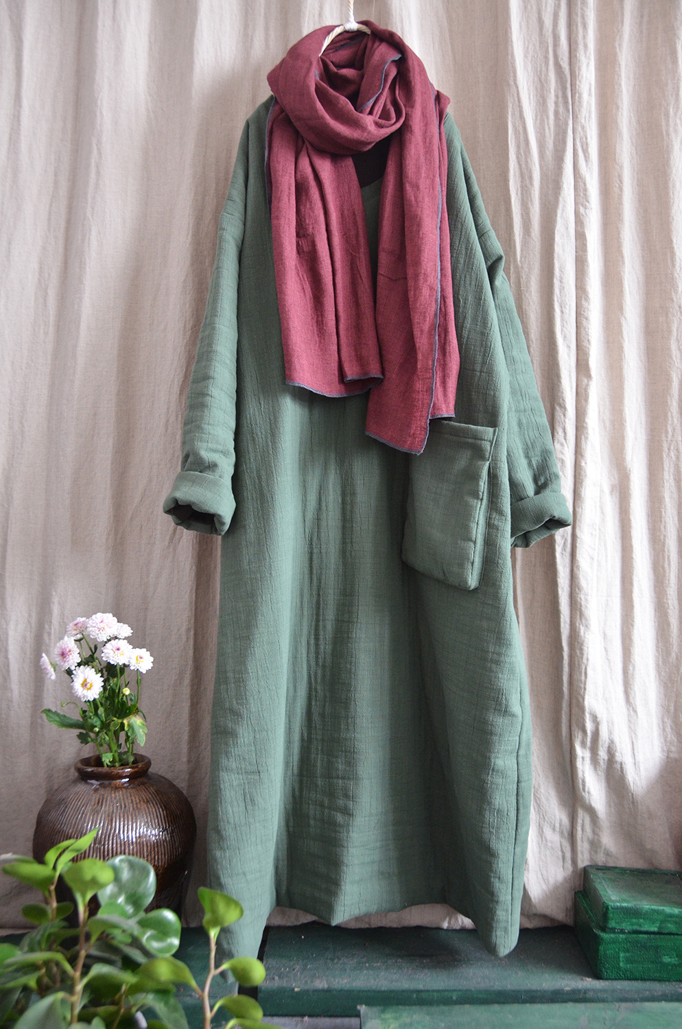 那年布语原创棉麻女装文艺棉袍长棉袄冬季壹旧菊家左岸风格棉衣长