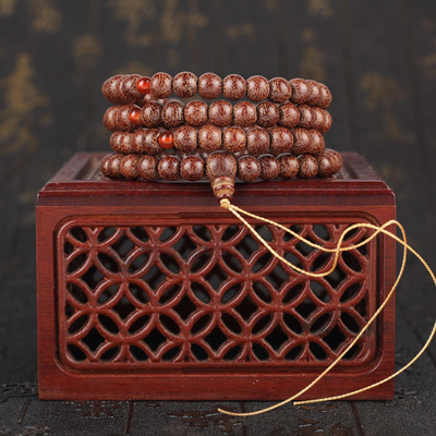 佛珠手链_天然雷音6mm108颗佛珠 美国椴木菩提木手串 龙鳞纹檀木手链 
