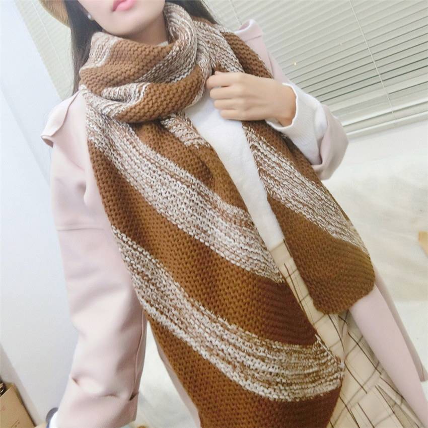 f077 新款斜条纹毛线围巾 男士女士保暖加长围脖 秋冬款出口韩国
