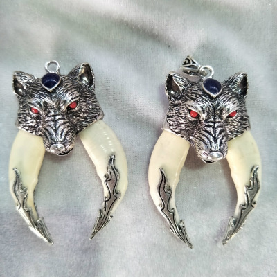 厂家直销獒牙古银藏银牛头老虎双牙吊坠批发项链狗牙狼牙项饰