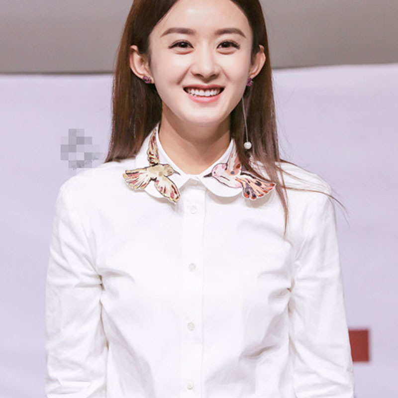 赵丽颖2017春装新款韩版小飞鸟刺绣长袖白色棉衬衫衬衣女