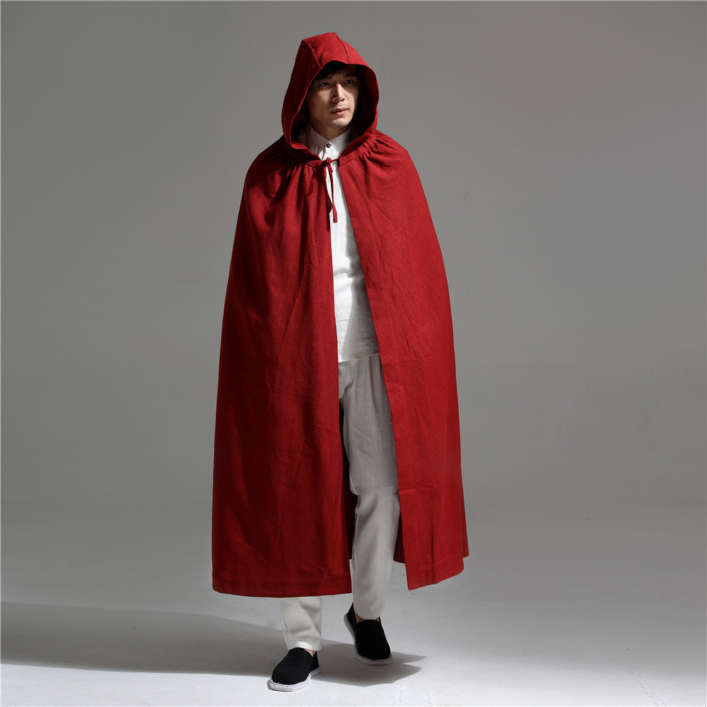 年阿萨佑棉麻服饰 带帽斗篷大风衣中国风男装 长款披风外套21