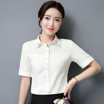 图荣夏季新款短袖纯棉白衬衣女 女装刺绣衬衫 亲肤透气上衣代发