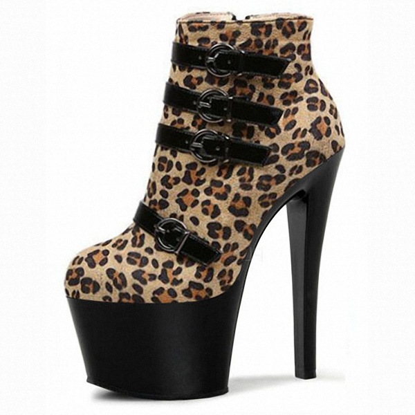 夜店高跟鞋细跟性感豹纹短靴皮带扣绒面17cm恨天高大码钢管舞模特