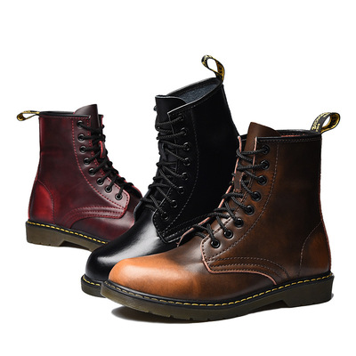 加厚保暖棉靴_秋冬皮靴高帮系带擦色皮加绒加厚保暖棉靴户外工装靴