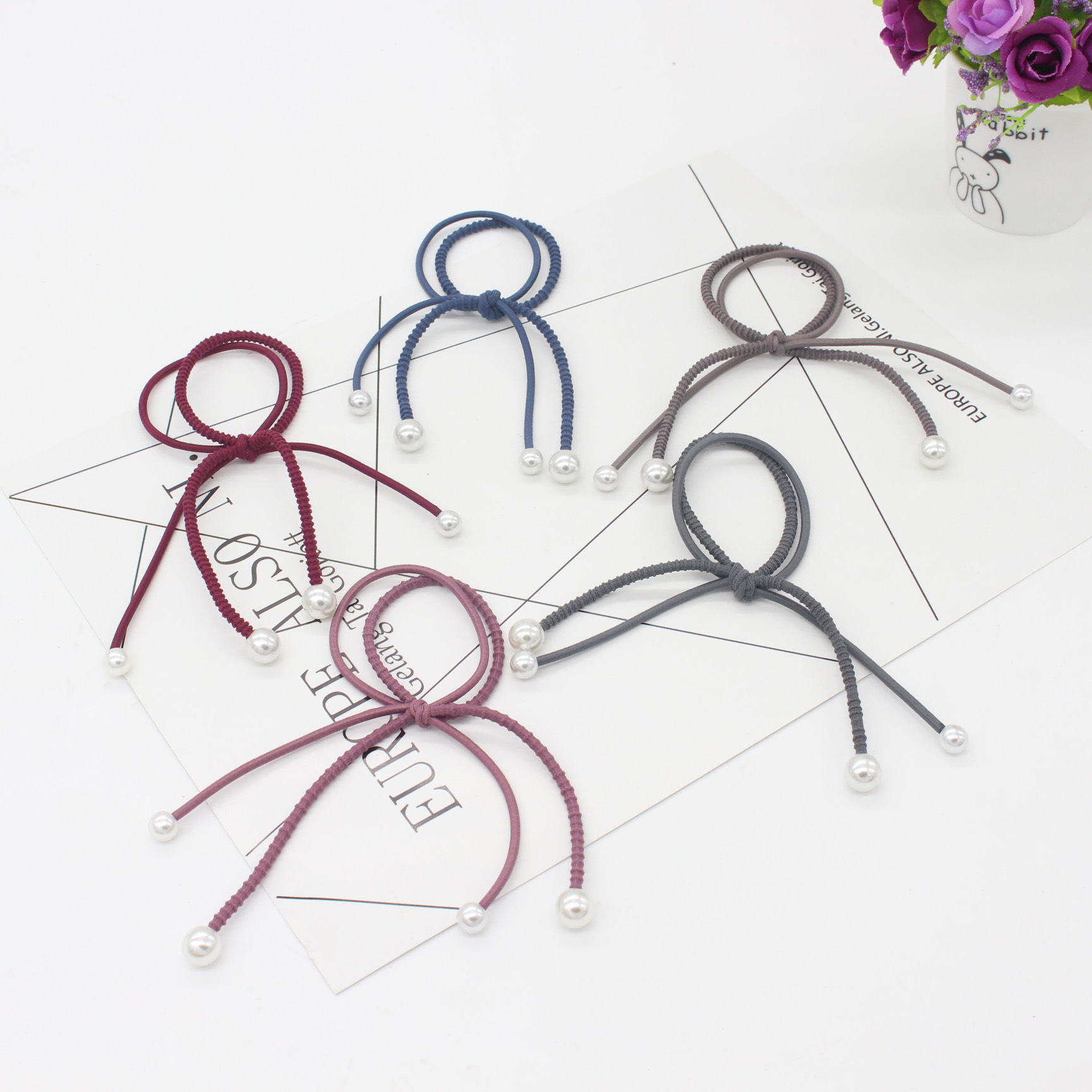 新款diy发圈 手工打结珍珠发饰皮筋 长款飘带发绳女 2元店小饰品