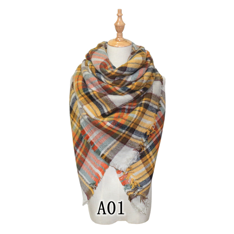 Cross-Border European and American Autumn and Winter Colorful Cashmere Plaid Square Scarf plus-Sized Double-Sided Garland Scarf Shawl