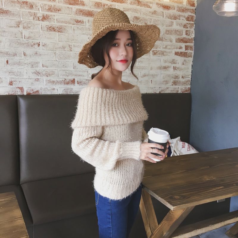 秋冬新款柔软马海毛一字领露肩套头针织长袖毛衣gl2017000298048