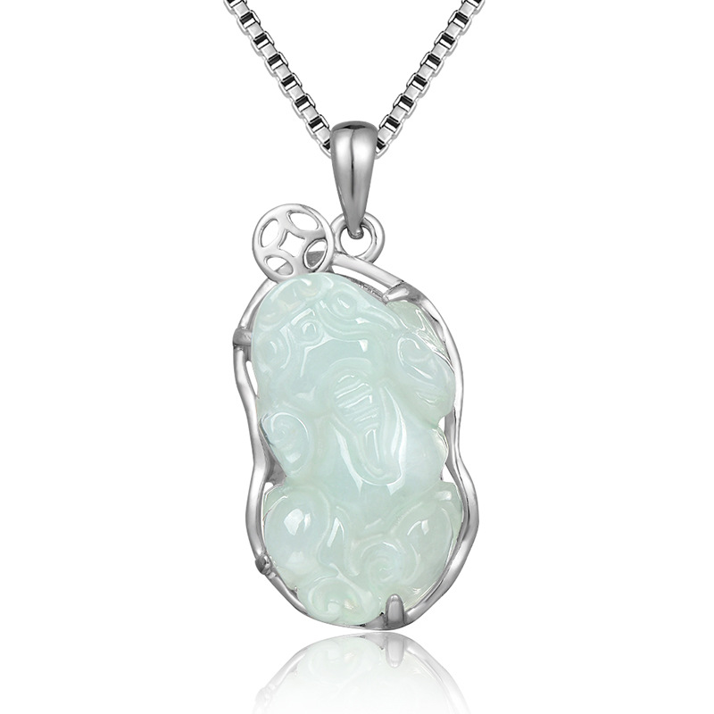 批发s925银镶玉翡翠项链貔貅吊坠天然a货翡翠缅甸翡翠挂件