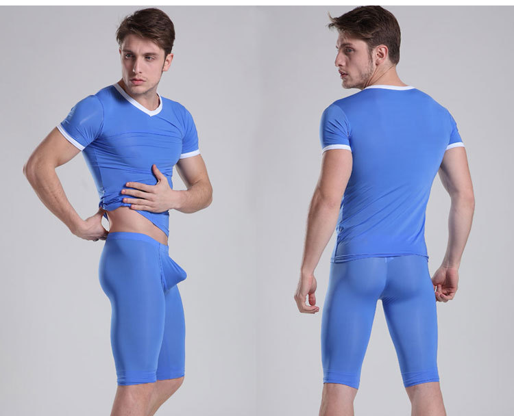 跨境性感锦纶长裤瑜伽男式休闲裤性感情趣激凸超薄长裤家居睡裤