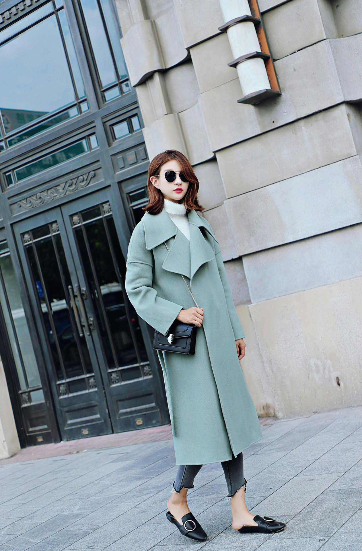 现货17冬韩国原单百分百纯羊毛豆绿色腰带大翻领双面手缝羊绒大衣