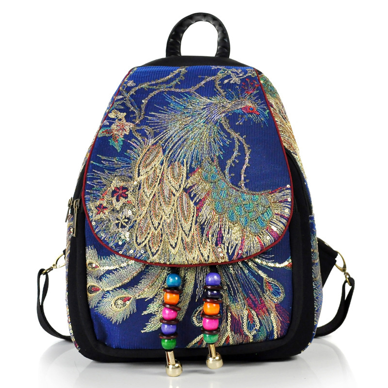 2019 Bag Yunnan National Style Embroidery New Women's Bag Peacock Embroidered Bag Canvas Women's Backpack for Delivery