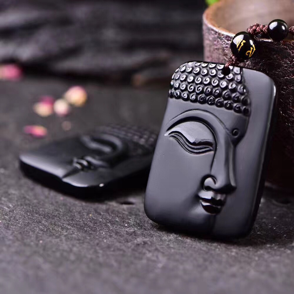 厂家直销 天然黑曜石释迦摩尼半脸佛头吊坠 乌金黑曜石磨砂侧面佛