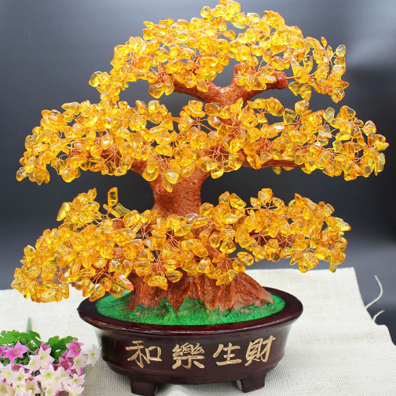 天然黄水晶招财树发财树摇钱树平安促销商务创意工艺开业礼品摆件
