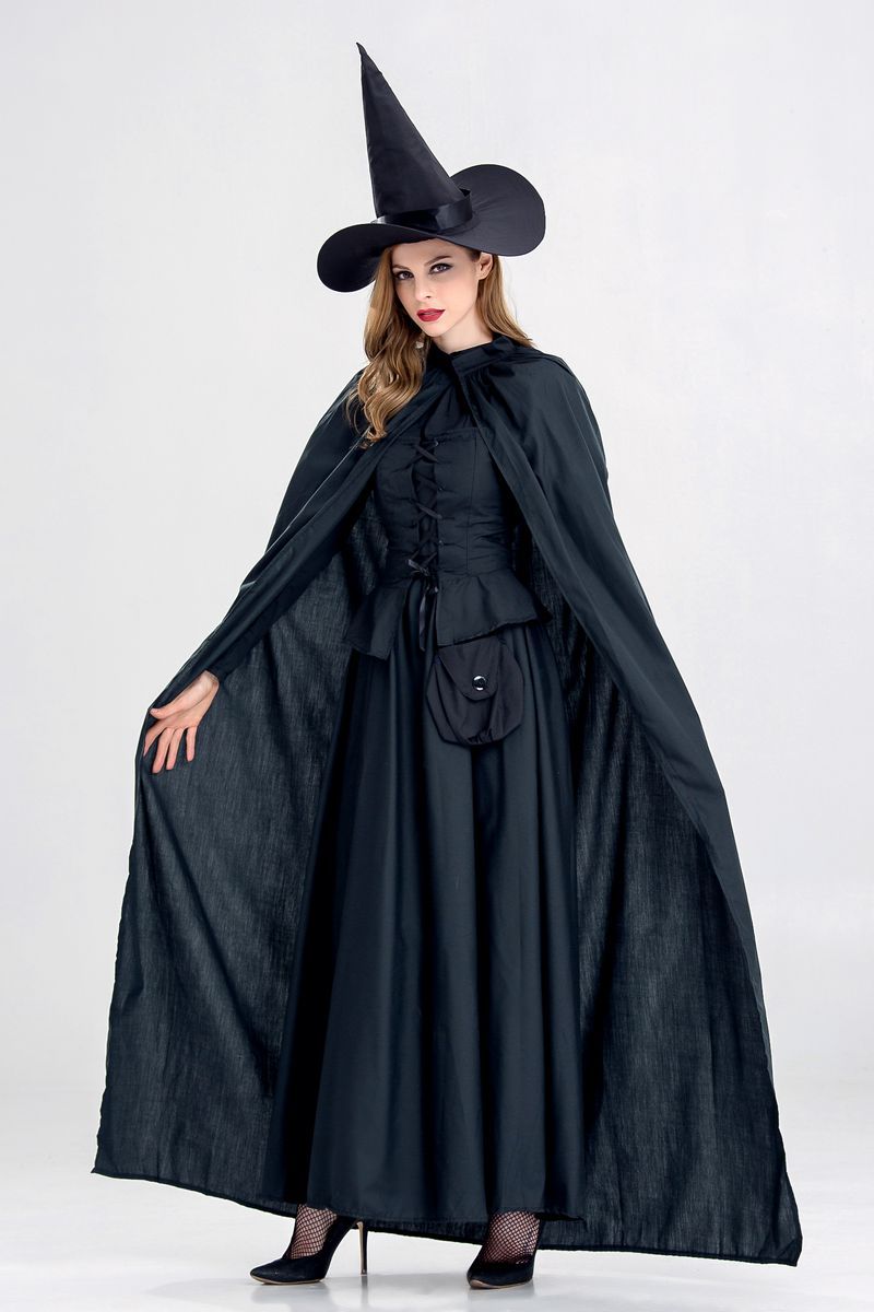 万圣节新款含披风巫婆cos舞台演出服 出口欧美纯黑色女巫游戏服