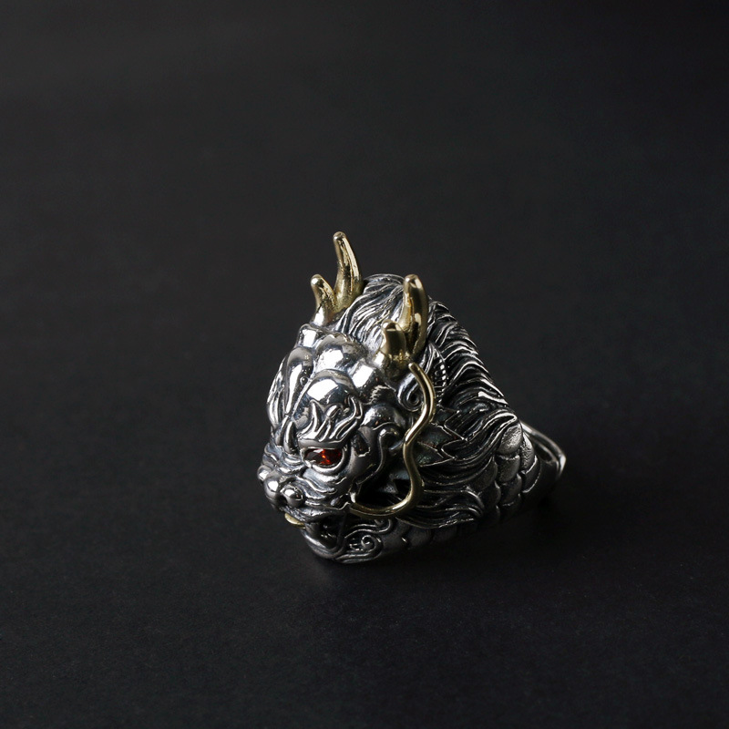 s925纯银泰银复古双色立体龙王龙头霸气男款大码戒指 生日礼物