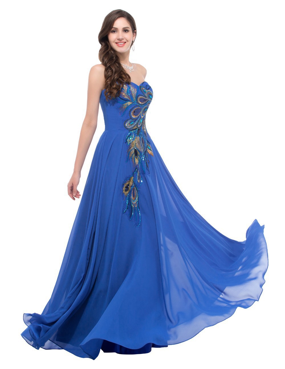 2019新款刺绣孔雀晚礼服拖地长海军蓝色紫色黑色晚礼服礼服雪纺