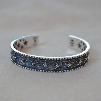 欧美哥特嘻哈风格纯银朋克泰银手环男个性五角星星宽面朋克大手镯