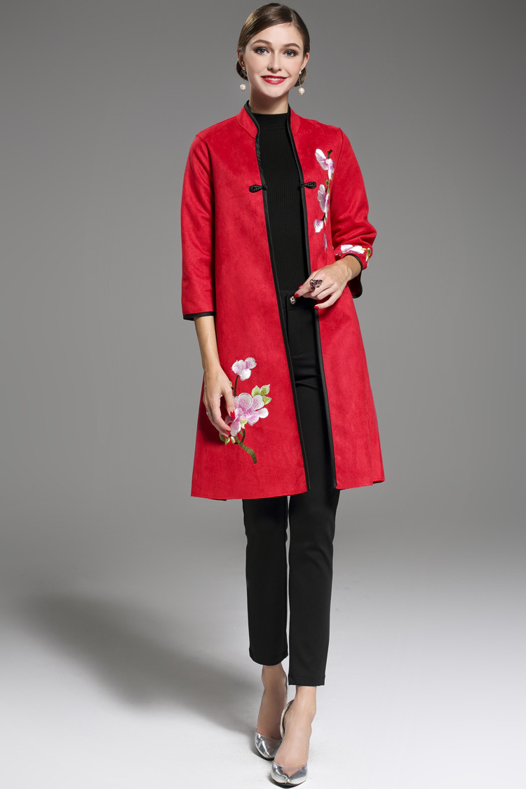 中国风复古刺绣花风衣外套2017初秋新款中长款鹿皮绒长袖薄款外搭