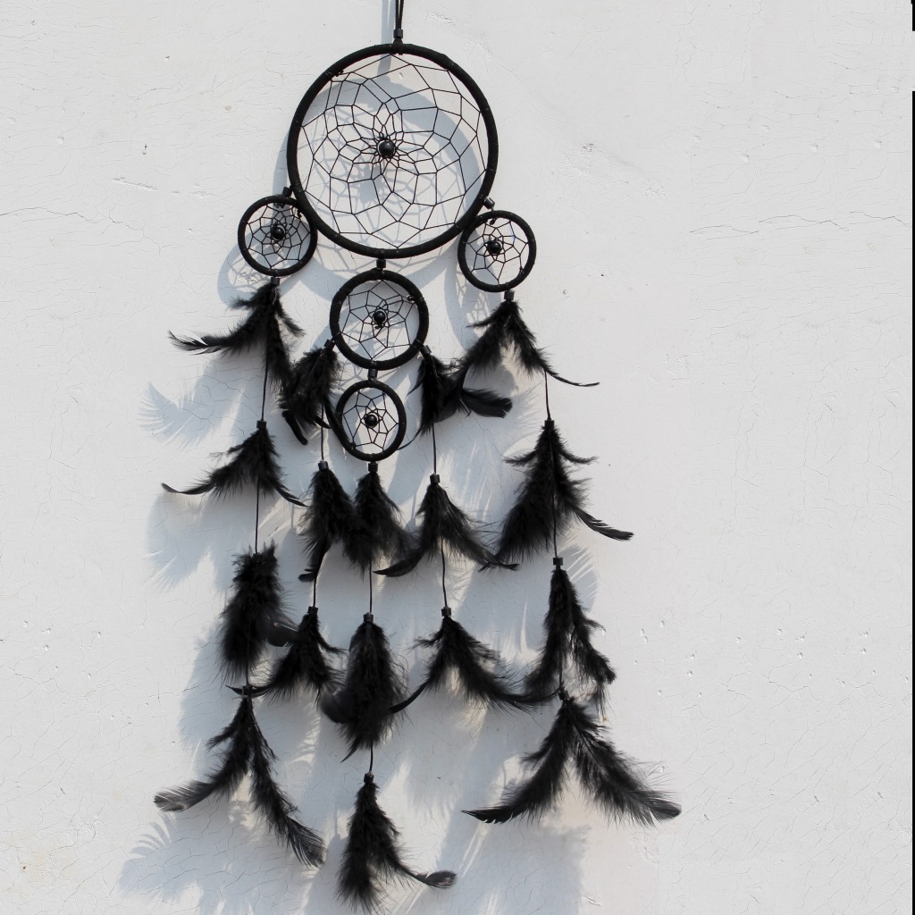 印第安风格捕梦网挂饰 多环系列dreamcatcher 黑色羽毛家居壁挂