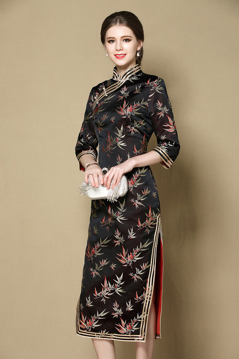 新款改良时尚气质复古七分袖修身礼服织锦缎中长款旗袍货号yk1391