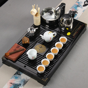 金镶玉茶具套装福字采莲白瓷实木茶盘陶瓷茶壶茶杯电磁炉整套