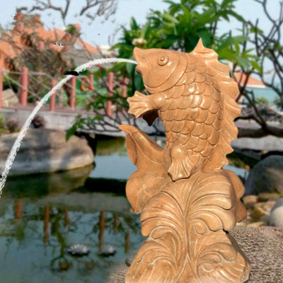 石雕喷水鱼晚霞红汉白玉天然石头鲤鱼喷水庭院小区喷泉流水装饰