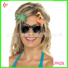 现货热销夏威夷风情火烈鸟眼镜葱粉火烈鸟椰子树眼镜沙滩派对眼镜