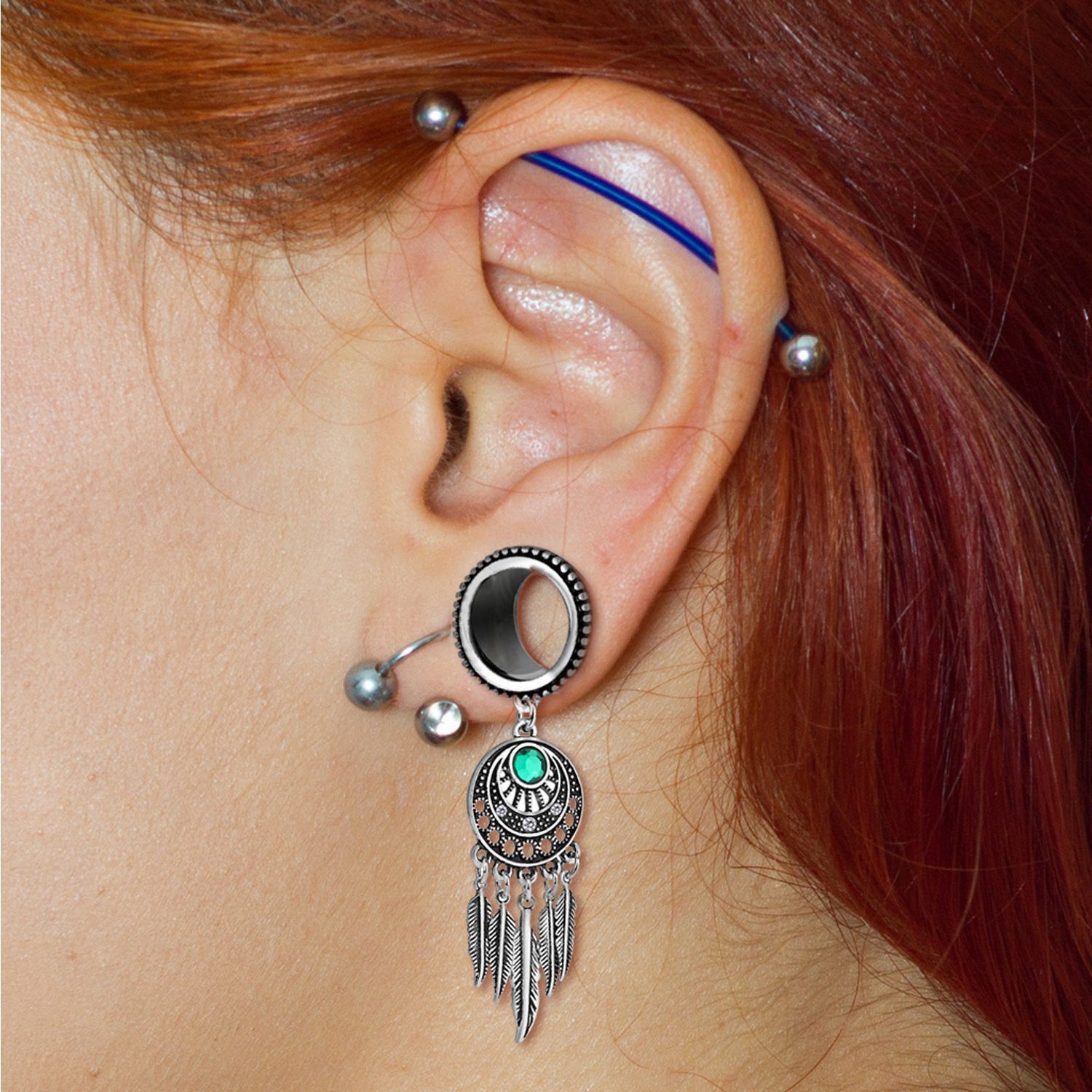 亚马逊wish欧美热销不锈钢复古钻石叶子吊坠耳扩耳廓人体穿刺饰品