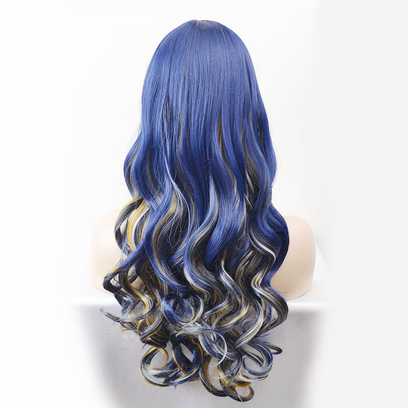 蓝色假发头套 新款女士长卷发中分中长发义乌时尚假发卷发长发批