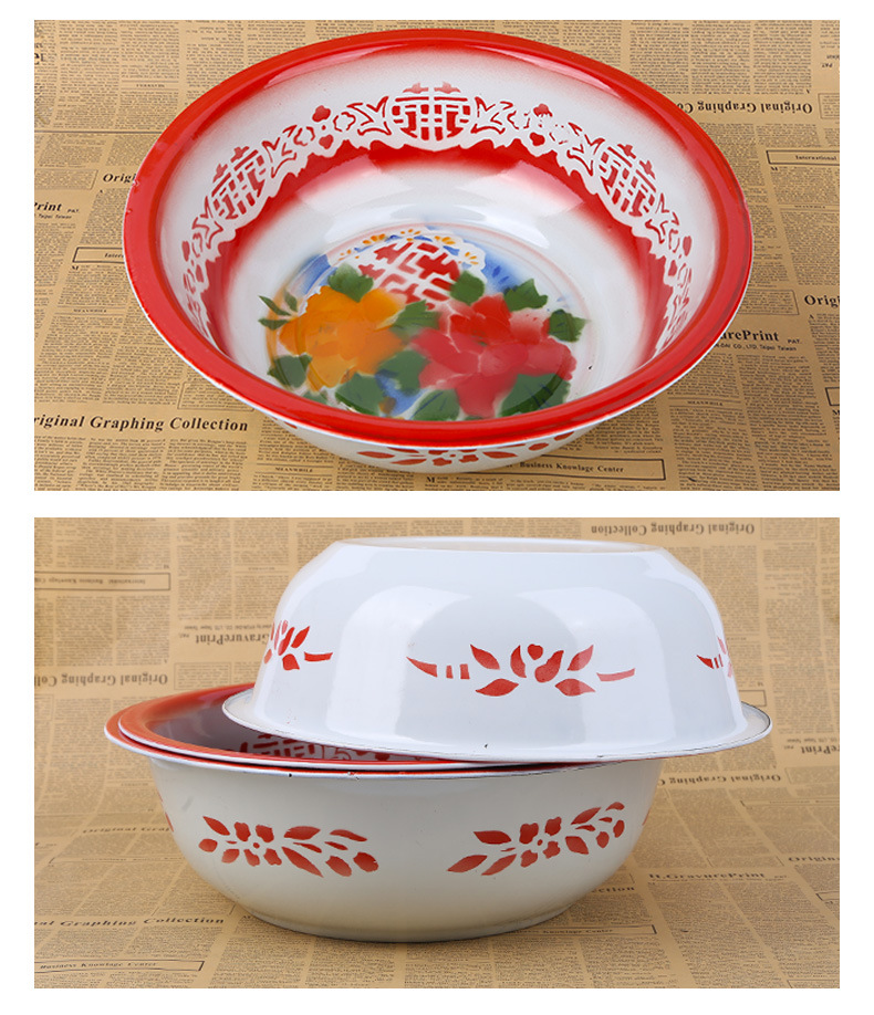 搪瓷德胜加厚盆36-40cm老式搪瓷洗脸盆家用洗菜印花搪瓷盆子