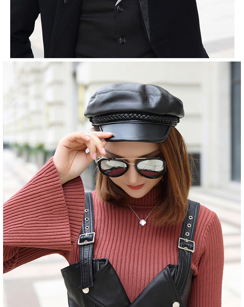 女士绵羊皮帽子秋冬季时尚八角帽真皮质百搭淑女帽英伦纯色鸭舌帽