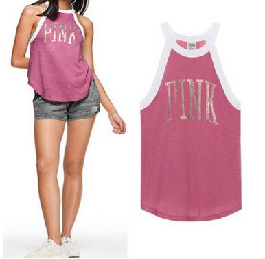 亚马逊 速卖通新款 爆款女性无袖pink印花背心短上衣 t恤 爆款