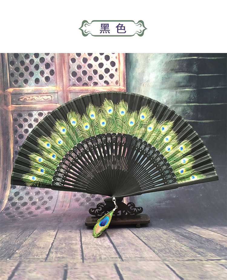 雅扇堂古典中国风旗袍折扇女古风孔雀翎绢扇折叠工艺礼品扇子批发