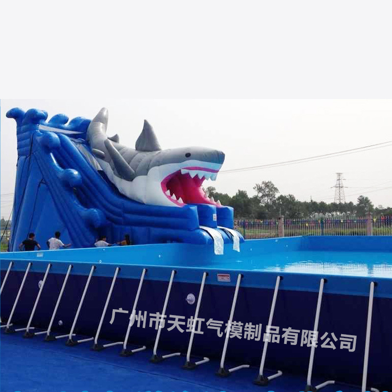 充气水上鲨鱼滑梯支架水池组合 水上乐园充气滑梯乐园