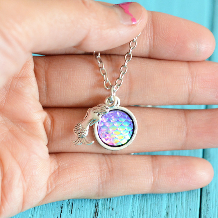 wish外贸饰品鱼鳞面时光宝石平底钻吊坠项链欧美合金项链