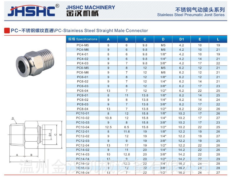 pc8-02快速快插直通接头特价 不锈钢304气动元件外丝气软管接头
