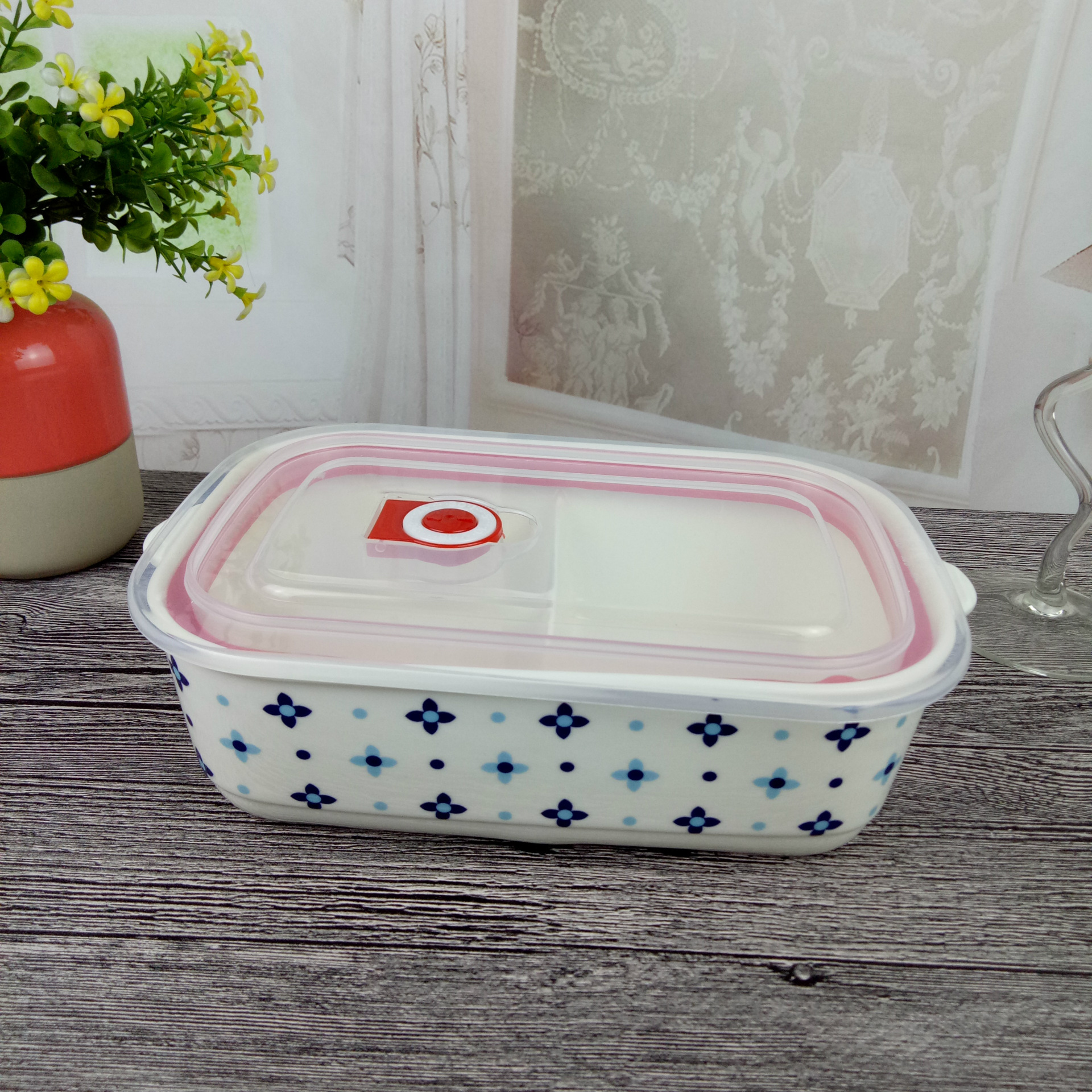 陶瓷分格饭盒保鲜便当盒 学生上班族长方形分隔带盖两格饭盒批发