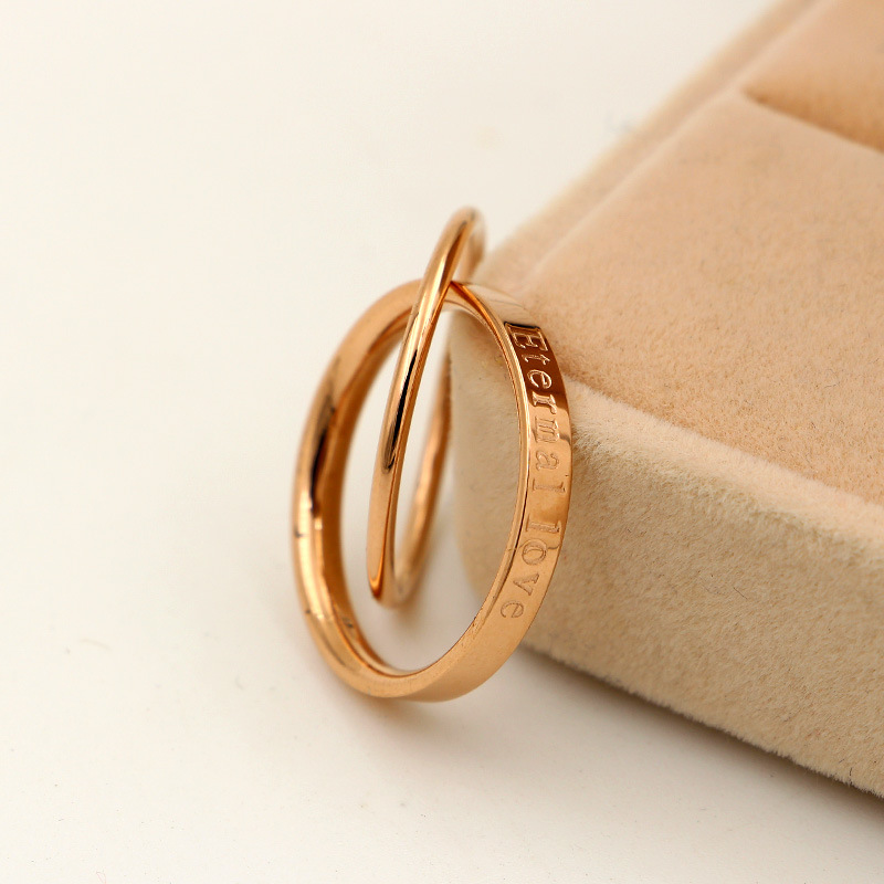 j4-212韩版eternal love英文双环戒指 潮女时尚钛钢玫金指环饰品