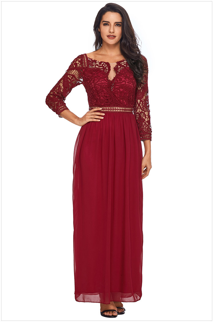 时颖欧美女装新款圆领长袖高腰蕾丝缕空女士过膝连衣裙61794