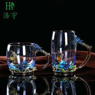 创意新款珐琅彩居家透明花茶日用水杯个性礼品水晶玻璃杯定制logo