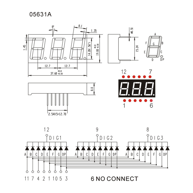 七段3位数码管 0.56英寸 共阴红 37.6*19*8mm jm-s05631ah-005